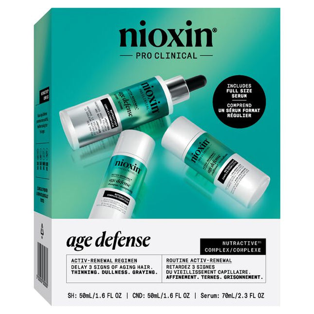 Age Defense Kit Includes:

(1) - Age Defense Conditioner, 1.6 fl. oz.
(1) - Age Defense Shampoo, 1.6 fl. oz.
(1) - Age Defense Serum, 2.3 fl. oz.
