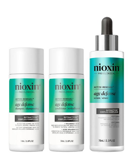 Age Defense Kit Includes:

(1) - Age Defense Conditioner, 1.6 fl. oz.
(1) - Age Defense Shampoo, 1.6 fl. oz.
(1) - Age Defense Serum, 2.3 fl. oz.