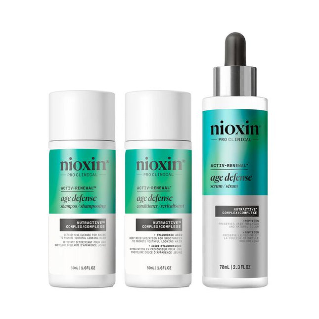 Age Defense Kit Includes:

(1) - Age Defense Conditioner, 1.6 fl. oz.
(1) - Age Defense Shampoo, 1.6 fl. oz.
(1) - Age Defense Serum, 2.3 fl. oz.