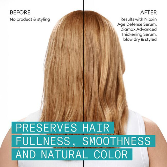 Experience a rejuvenating haircare ritual with the Nioxin Age Defense Shampoo, an anti-aging shampoo formulated to promote fuller, shinier, and healthier-looking hair for longer*.