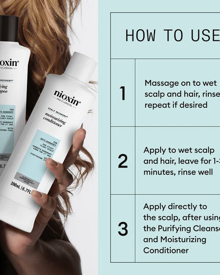 Scalp recovery is specially designed for scalp-related problems, including seborrheic dermatitis and dandruff. It provides moisture balance to dry, itchy scalp and dry hair, eliminating irritation and flaking.