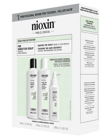 Explore the Nioxin Scalp Relief System Kit, which includes scalp relief cleanser, scalp relief conditioner, and scalp relief soothing serum. Use all three of our scalp relief system kit products to get dry, itchy scalp relief while thickening your hair from the 1st use.