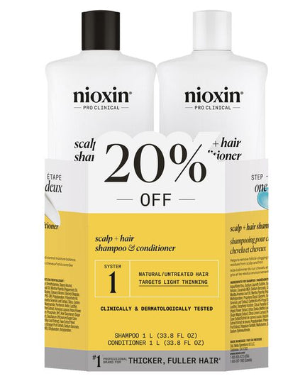 Nioxin Professional System 1 is for natural untreated hair with light thinning.

System 1 Liter Duo Includes:

(1) - System 1 Cleanser Shampoo, 1L
(1) - System 1 Scalp Therapy Conditioner, 1L