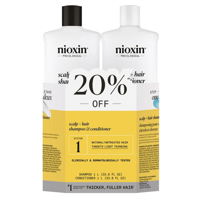 Nioxin Professional System 1 is for natural untreated hair with light thinning.

System 1 Liter Duo Includes:

(1) - System 1 Cleanser Shampoo, 1L
(1) - System 1 Scalp Therapy Conditioner, 1L