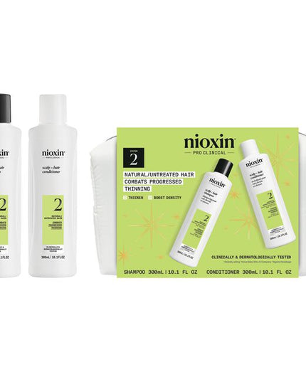 Save 20% on Nioxin Holiday System Duo. Get denser-looking hair with the innovative Nioxin 2-part System 2 for Natural Hair. Nioxin Pro Clinical's System Duo 2 is designed for natural, untreated hair with progressed thinning. Clinically and dermatologically tested, this shampoo nourishes and gently cleanses your hair to prevent against follicle-clogging sebum, resulting in thicker, fuller hair.