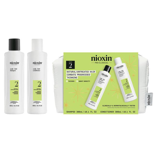 Save 20% on Nioxin Holiday System Duo. Get denser-looking hair with the innovative Nioxin 2-part System 2 for Natural Hair. Nioxin Pro Clinical's System Duo 2 is designed for natural, untreated hair with progressed thinning. Clinically and dermatologically tested, this shampoo nourishes and gently cleanses your hair to prevent against follicle-clogging sebum, resulting in thicker, fuller hair.
