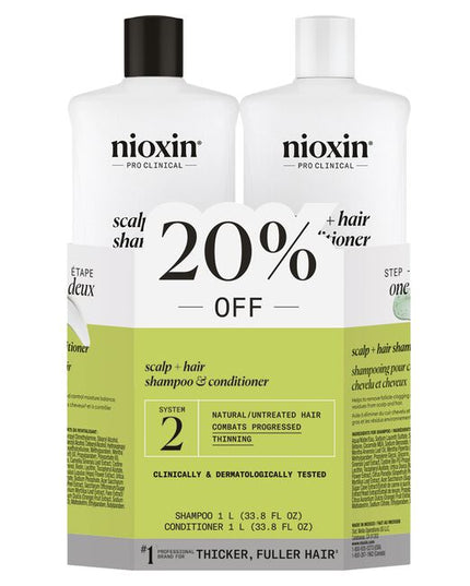 Nioxin Professional System 2 is for natural untreated hair with progressed thinning.

System 2 Liter Duo Includes:

(1) - System 2 Cleanser Shampoo, 1L
(1) - System 2 Scalp Therapy Conditioner, 1L