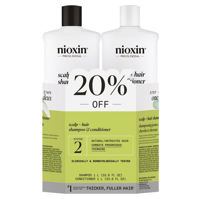 Nioxin Professional System 2 is for natural untreated hair with progressed thinning.

System 2 Liter Duo Includes:

(1) - System 2 Cleanser Shampoo, 1L
(1) - System 2 Scalp Therapy Conditioner, 1L