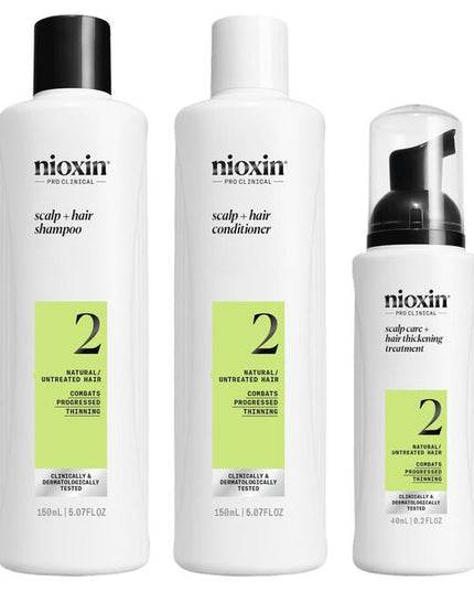 System 2 Trial Kit Includes:

(1) System 2 Scalp + Hair Shampoo - 5.07 fl. oz.
(1) System 2 Scalp + Hair Conditioner - 5.07 fl. oz.
(1) System 2 Scalp Care + Hair Thickening Treatment - 0.2 fl. oz.