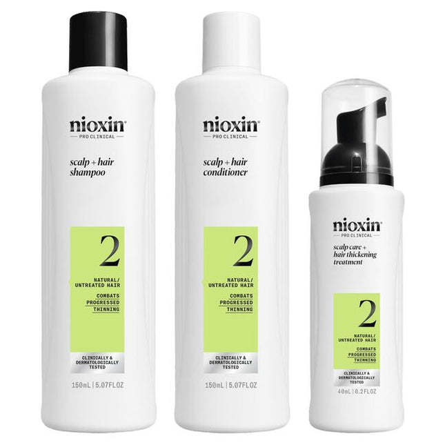 System 2 Trial Kit Includes:

(1) System 2 Scalp + Hair Shampoo - 5.07 fl. oz.
(1) System 2 Scalp + Hair Conditioner - 5.07 fl. oz.
(1) System 2 Scalp Care + Hair Thickening Treatment - 0.2 fl. oz.