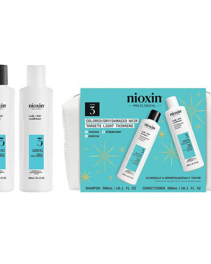 Save 20% on Nioxin Holiday System Duo. Nioxin Pro Clinical's System Kit 3 is designed for dry, damaged, colored hair. Clinically and dermatologically tested, this complete scalp &amp; hair thickening system thickens and strengthens your hair against breakage while providing color protection. 8 out 10 users saw thicker, fuller hair in 30 days!