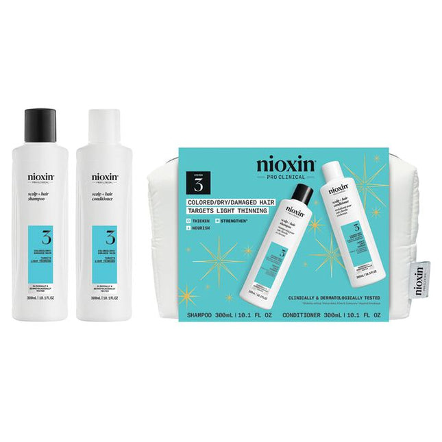 Save 20% on Nioxin Holiday System Duo. Nioxin Pro Clinical's System Kit 3 is designed for dry, damaged, colored hair. Clinically and dermatologically tested, this complete scalp &amp; hair thickening system thickens and strengthens your hair against breakage while providing color protection. 8 out 10 users saw thicker, fuller hair in 30 days!