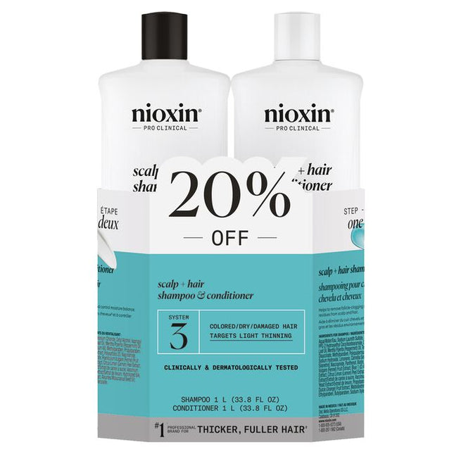 Nioxin Professional System 3 is for colored, dry or damaged hair with light thinning.

System 3 Liter Duo Includes:

(1) - System 3 Cleanser Shampoo, 1L
(1) - System 3 Scalp Therapy Conditioner, 1L