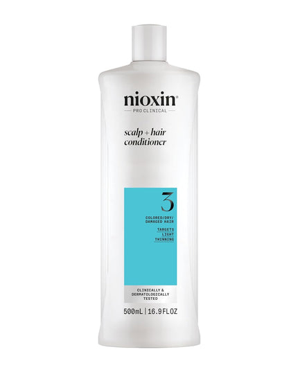 Strengthen and moisturize hair with Nioxin’s 3-part System 3 Scalp Therapy Conditioner for Colored Hair with Light Thinning. This density-protecting professional hair care product with BioAmp technology helps retain moisture balance, providing hair resilience.