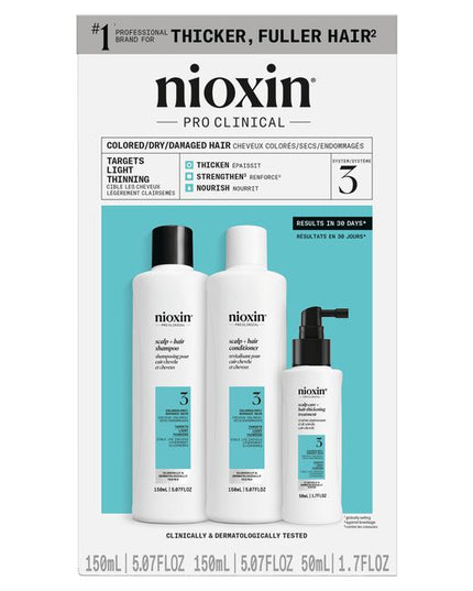 Nioxin's System 3 Trial Kit Includes: Scalp + Hair Shampoo 5.07 oz, Scalp + Hair Conditioner 5.07 oz and Scalp Care + Hair Thickening Treatment 1.7 oz.