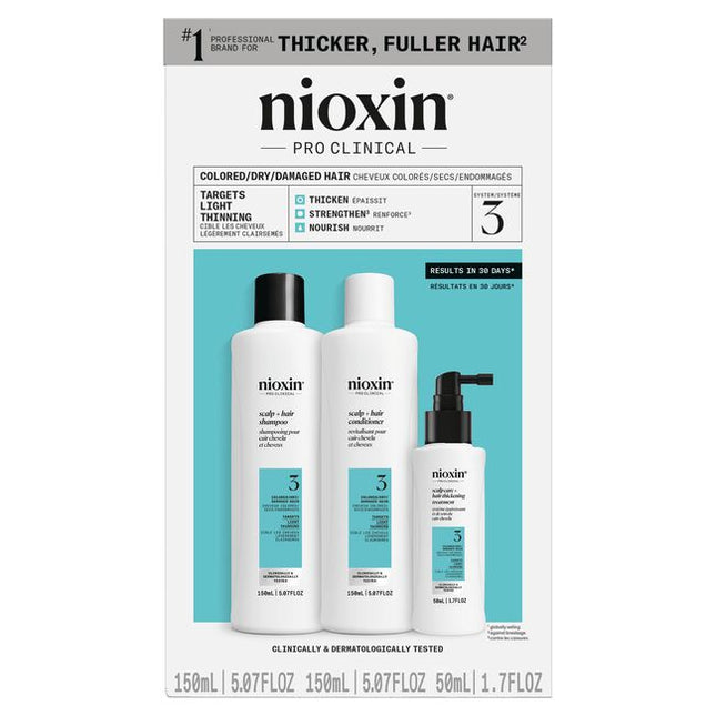 Nioxin's System 3 Trial Kit Includes: Scalp + Hair Shampoo 5.07 oz, Scalp + Hair Conditioner 5.07 oz and Scalp Care + Hair Thickening Treatment 1.7 oz.