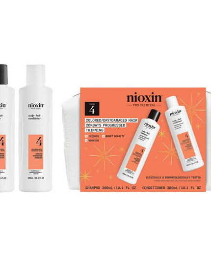 Save 20% on Nioxin Holiday System Duos. Nioxin Pro Clinical's System Duo 4 is designed for dry, damaged, colored hair. Clinically and dermatologically tested, this complete scalp &amp; hair thickening system thickens and strengthens your hair against breakage while providing color protection. 8 out 10 users saw thicker, fuller hair in 30 days!