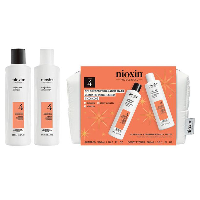 Save 20% on Nioxin Holiday System Duos. Nioxin Pro Clinical's System Duo 4 is designed for dry, damaged, colored hair. Clinically and dermatologically tested, this complete scalp &amp; hair thickening system thickens and strengthens your hair against breakage while providing color protection. 8 out 10 users saw thicker, fuller hair in 30 days!