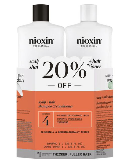 Nioxin Professional System 4 is for colored, dry or damaged hair with progressed thinning.

System 4 Liter Duo Includes:

(1) - System 4 Cleanser Shampoo, 1L
(1) - System 4 Scalp Therapy Conditioner, 1L