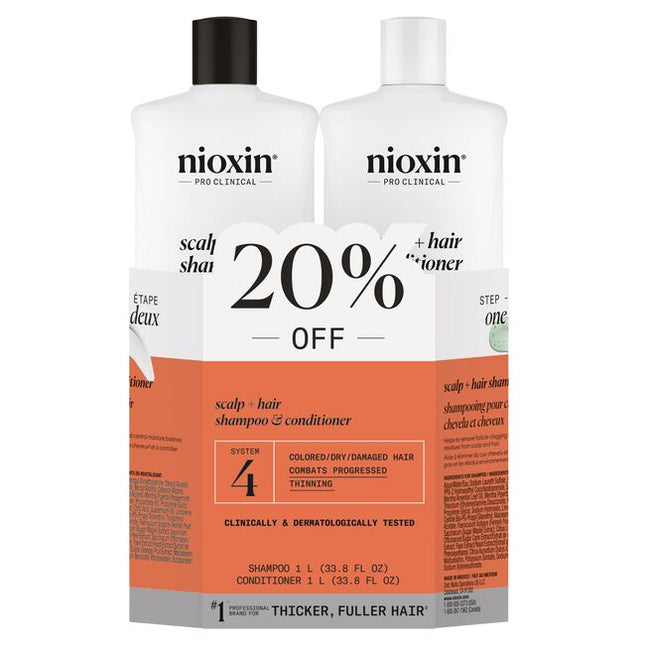 Nioxin Professional System 4 is for colored, dry or damaged hair with progressed thinning.

System 4 Liter Duo Includes:

(1) - System 4 Cleanser Shampoo, 1L
(1) - System 4 Scalp Therapy Conditioner, 1L