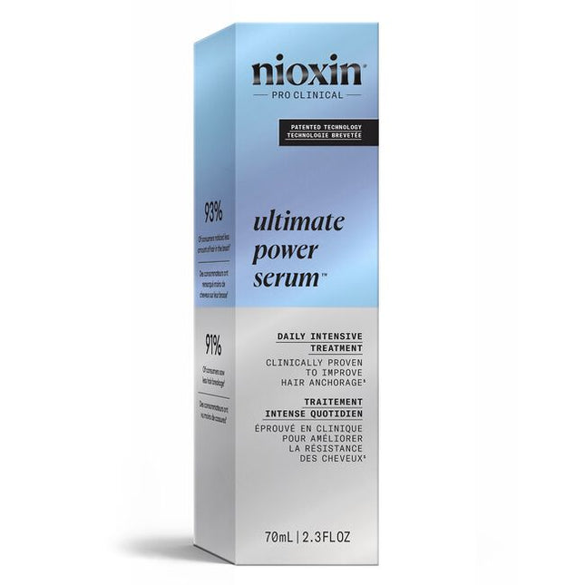 Nioxin Pro Clinical's Ultimate Power Serum is a leave-on scalp treatment for thinning hair. Designed for daily use, it's clinically proven to increase hair anchorage with visible results in only 8 weeks* while thickening hair from the very first use. It's formulated with innovative ingredients including SANDALORE™, caffeine, lauric acid, and niacinamide. Together they work to stimulate and nourish the hair follicles to prolong the growth cycle and improve hair resistance for fuller-looking hair.