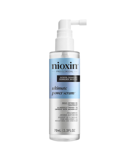 Nioxin Pro Clinical's Ultimate Power Serum is a leave-on scalp treatment for thinning hair. Designed for daily use, it's clinically proven to increase hair anchorage with visible results in only 8 weeks* while thickening hair from the very first use. It's formulated with innovative ingredients including SANDALORE™, caffeine, lauric acid, and niacinamide. Together they work to stimulate and nourish the hair follicles to prolong the growth cycle and improve hair resistance for fuller-looking hair.