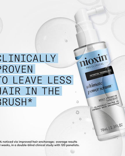 Nioxin Pro Clinical's Ultimate Power Serum is a leave-on scalp treatment for thinning hair. Designed for daily use, it's clinically proven to increase hair anchorage with visible results in only 8 weeks* while thickening hair from the very first use. It's formulated with innovative ingredients including SANDALORE™, caffeine, lauric acid, and niacinamide. Together they work to stimulate and nourish the hair follicles to prolong the growth cycle and improve hair resistance for fuller-looking hair.