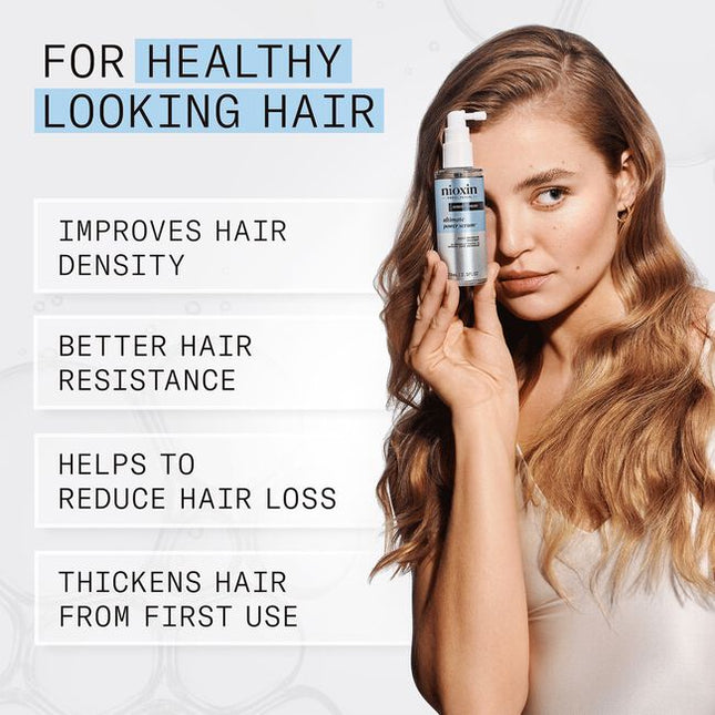 Nioxin Pro Clinical's Ultimate Power Serum is a leave-on scalp treatment for thinning hair. Designed for daily use, it's clinically proven to increase hair anchorage with visible results in only 8 weeks* while thickening hair from the very first use. It's formulated with innovative ingredients including SANDALORE™, caffeine, lauric acid, and niacinamide. Together they work to stimulate and nourish the hair follicles to prolong the growth cycle and improve hair resistance for fuller-looking hair.