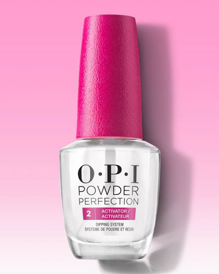 Powder Perfection - Step 2 Activator from OPI, which accelerates the curing of base coat with dipping powders and initiates the reaction with Top Coat.