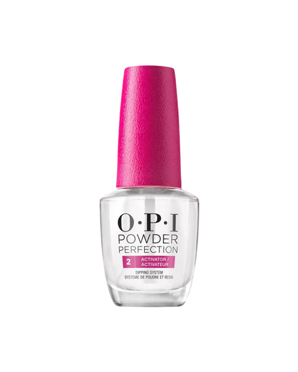 Powder Perfection - Step 2 Activator from OPI, which accelerates the curing of base coat with dipping powders and initiates the reaction with Top Coat.