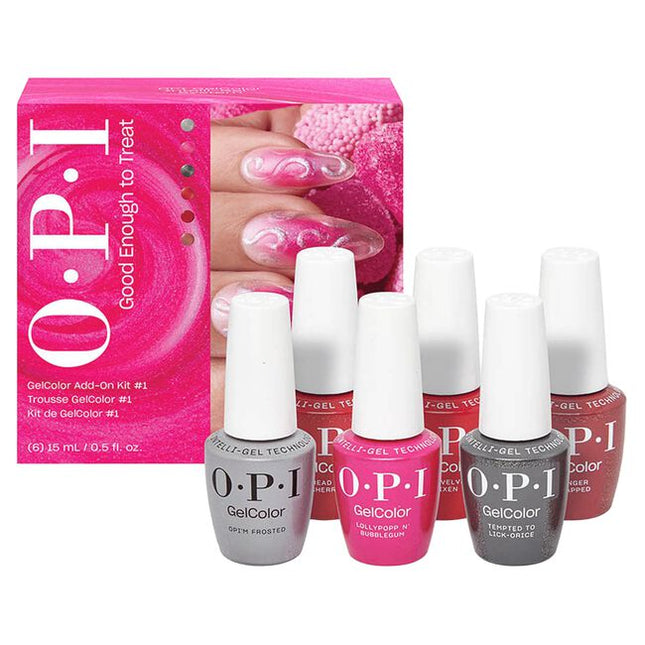 Good Enough to Treat GelColor Add On Kit 1 Includes:

(1) - OPI'm Frosted
(1) - Lollypoppin' Bubblegum
(1) - Tempted to Lick-orice
(1) - Spread the Cherry
(1) - Red Velvet Vixen
(1) - Ginger Snapped