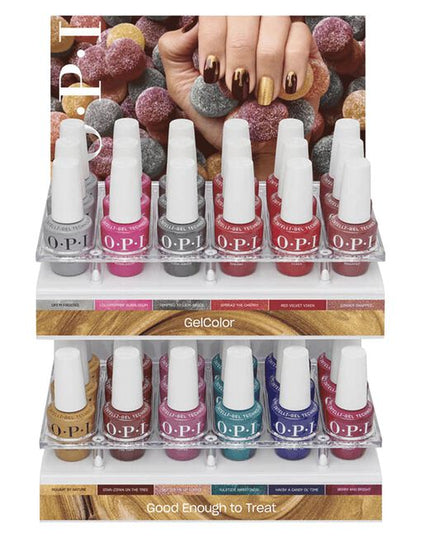 Good Enough to Treat GelColor Display Includes:
(3) - OPI'm Frosted
(3) - Lollypoppin' Bubblegum
(3) - Tempted to Lick-orice
(3) - Spread the Cherry
(3) - Red Velvet Vixen
(3) - Ginger Snapped
(3) - Nougat by Nature
(3) - Star-zipan on the Tree
(3) - Butter Me Up Toffee
(3) - Yuletide Sweetings!
(3) - Havin' a Candy Ol' Time
(3) - Berry and Bright