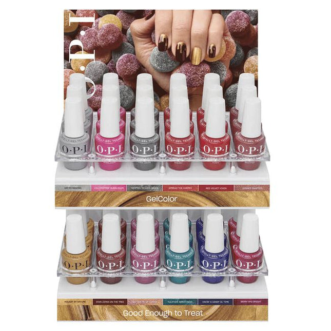Good Enough to Treat GelColor Display Includes:
(3) - OPI'm Frosted
(3) - Lollypoppin' Bubblegum
(3) - Tempted to Lick-orice
(3) - Spread the Cherry
(3) - Red Velvet Vixen
(3) - Ginger Snapped
(3) - Nougat by Nature
(3) - Star-zipan on the Tree
(3) - Butter Me Up Toffee
(3) - Yuletide Sweetings!
(3) - Havin' a Candy Ol' Time
(3) - Berry and Bright