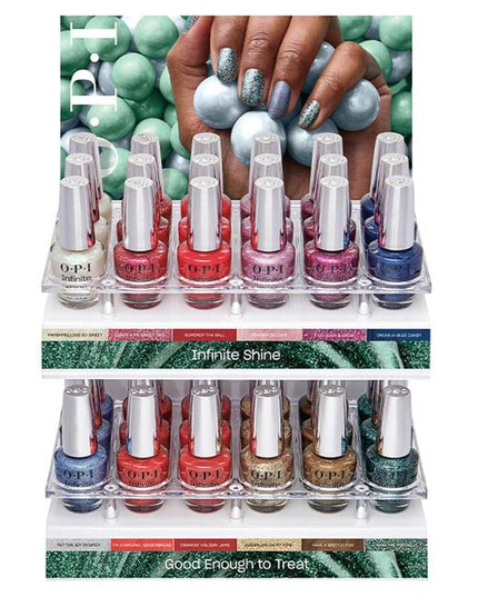 Good Enough to Treat Infinite Shine Display Includes:

(3) - MarshmelloOo So Sweet
(3) - Candy 4 My Sweet Tart
(3) - Gumdrop tha Ball
(3) - Pinkish Delight
(3) - A Lil Suga &amp; Spice
(3) - Sneak-a-Blue Candy
(3) - Put the Icy in Spicy
(3) - I’m a Natural Gingerbread
(3) - Crankin’ Holiday Jams
(3) - Sugarlips on My Tips
(3) - Have a Brittle Fun
(3) - Hang the Mintsell