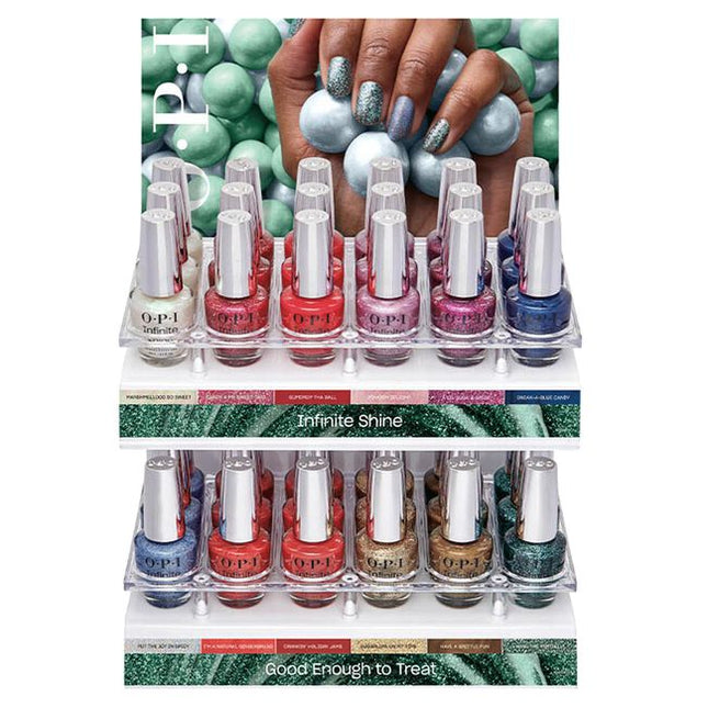 Good Enough to Treat Infinite Shine Display Includes:

(3) - MarshmelloOo So Sweet
(3) - Candy 4 My Sweet Tart
(3) - Gumdrop tha Ball
(3) - Pinkish Delight
(3) - A Lil Suga &amp; Spice
(3) - Sneak-a-Blue Candy
(3) - Put the Icy in Spicy
(3) - I’m a Natural Gingerbread
(3) - Crankin’ Holiday Jams
(3) - Sugarlips on My Tips
(3) - Have a Brittle Fun
(3) - Hang the Mintsell