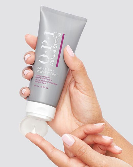 Introducing Nature Strong skincare for nails and skin featuring vegan* and 91% natural origin formulas**
to help you feel awe moisturized, awe year-round Moisture Mission Hand &amp; Foot Cream is a 97% natural origin formula in a rich cream texture, available in both travel and retail sizes. This emollient-rich formula nourishes and hydrates, allowing it to be massaged into the skin. Enriched with shea butter, sunflower, sweet almond, and avocado oils, it helps to soften while maintaining moisture. Glycerin