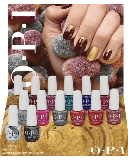 Good Enough to Treat GelColor Display Includes:

(1) - OPI'm Frosted
(1) - Lollypoppin' Bubblegum
(1) - Tempted to Lick-orice
(1) - Spread the Cherry
(1) - Red Velvet Vixen
(1) - Ginger Snapped
(1) - Nougat by Nature
(1) - Star-zipan on the Tree
(1) - Butter Me Up Toffee
(1) - Yuletide Sweetings!
(1) - Havin' a Candy Ol' Time
(1) - Berry and Bright
(1) - Super Base Base Coat
(1) - Super Gloss Top Coat