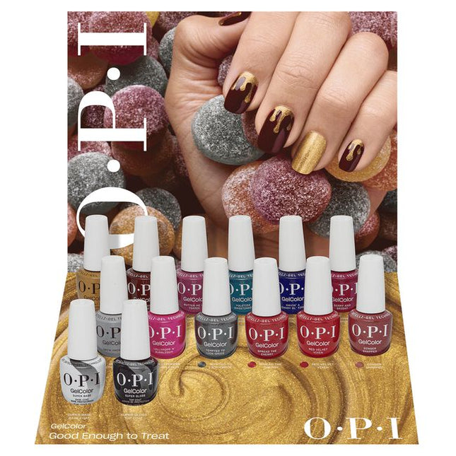 Good Enough to Treat GelColor Display Includes:

(1) - OPI'm Frosted
(1) - Lollypoppin' Bubblegum
(1) - Tempted to Lick-orice
(1) - Spread the Cherry
(1) - Red Velvet Vixen
(1) - Ginger Snapped
(1) - Nougat by Nature
(1) - Star-zipan on the Tree
(1) - Butter Me Up Toffee
(1) - Yuletide Sweetings!
(1) - Havin' a Candy Ol' Time
(1) - Berry and Bright
(1) - Super Base Base Coat
(1) - Super Gloss Top Coat