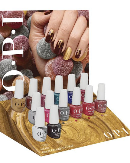 Good Enough to Treat GelColor Display Includes:

(1) - OPI'm Frosted
(1) - Lollypoppin' Bubblegum
(1) - Tempted to Lick-orice
(1) - Spread the Cherry
(1) - Red Velvet Vixen
(1) - Ginger Snapped
(1) - Nougat by Nature
(1) - Star-zipan on the Tree
(1) - Butter Me Up Toffee
(1) - Yuletide Sweetings!
(1) - Havin' a Candy Ol' Time
(1) - Berry and Bright
(1) - Super Base Base Coat
(1) - Super Gloss Top Coat