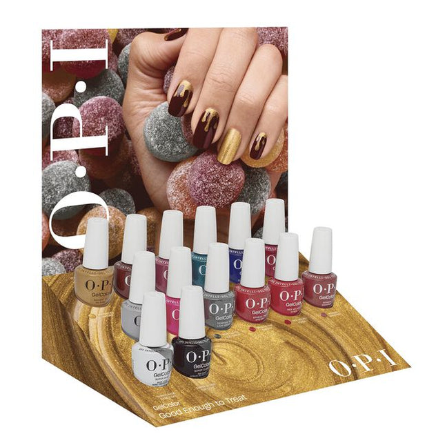 Good Enough to Treat GelColor Display Includes:

(1) - OPI'm Frosted
(1) - Lollypoppin' Bubblegum
(1) - Tempted to Lick-orice
(1) - Spread the Cherry
(1) - Red Velvet Vixen
(1) - Ginger Snapped
(1) - Nougat by Nature
(1) - Star-zipan on the Tree
(1) - Butter Me Up Toffee
(1) - Yuletide Sweetings!
(1) - Havin' a Candy Ol' Time
(1) - Berry and Bright
(1) - Super Base Base Coat
(1) - Super Gloss Top Coat