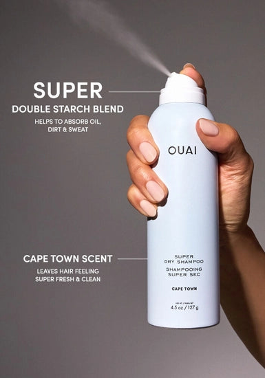 This Super Dry Shampoo absorbs oil, dirt and sweat while blending seamlessly into your strands and leaving it smelling amazing with two long-lasting scents. Cape Town: Smell like you just stepped out of the shower with this refreshing scent that has notes of ginger, spearmint, green fig and basil. Melrose Place: A one-OUAI ticket to L.A., this velvety-rich rose scent is infused with a swoon-worthy blend of bergamot, lychee, white musk and champagne.