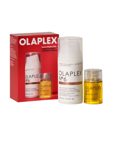 Gift Olaplex's bestselling styling duo for smooth, shining hair. This limited-edition set features full sizes of N°.6 BOND SMOOTHER® for 72-hour frizz control and definition, and OLAPLEX N°.7 BONDING OIL™ for a high-shine finish and 450°F heat protection. The perfect pair for stronger, smoother holiday styles. 