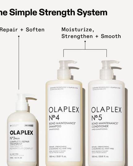 Transform damaged hair in just 3 minutes before you shampoo with N°.3PLUS. This hair damage repair treatment is clinically proven to create 3X stronger,* softer hair.** It rebuilds all 3 hair bonds deep in every strand for 360° repair and damage defense—past, present, and future. For all hair types and all types of damage. Fast. Easy. Protein-free and color-safe. Powered by patented OLAPLEX Bond Building Technology™.
