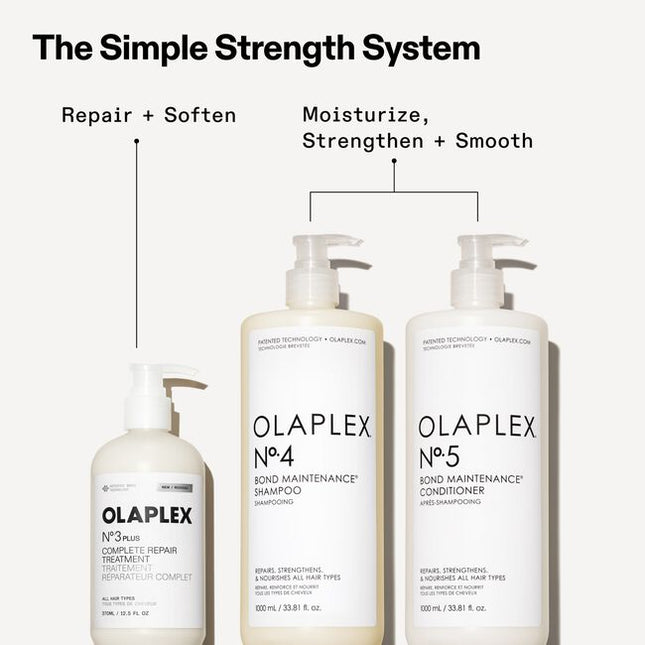 Transform damaged hair in just 3 minutes before you shampoo with N°.3PLUS. This hair damage repair treatment is clinically proven to create 3X stronger,* softer hair.** It rebuilds all 3 hair bonds deep in every strand for 360° repair and damage defense—past, present, and future. For all hair types and all types of damage. Fast. Easy. Protein-free and color-safe. Powered by patented OLAPLEX Bond Building Technology™.