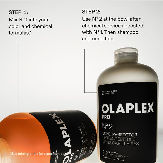The revolutionary, professional bond-building treatment–N°.1 Bond Multiplier® and No.2 Bond Perfector®–that turns any color, lightening, or chemical service into a repair service. Quickly and easily add to chemical services to help prevent and repair damage as it happens for immediately stronger, softer, more manageable hair. Provides up to 140 applications.