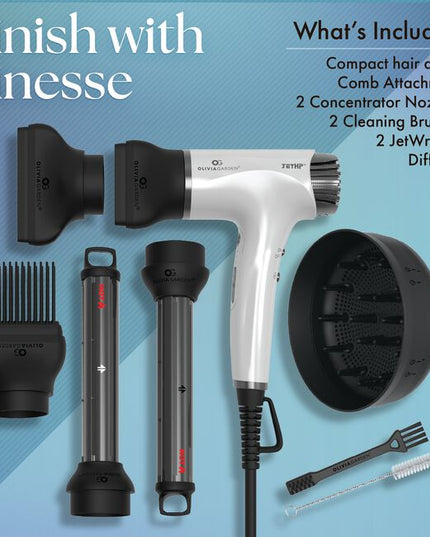 Professional Compact JetHP™ Hair Dryer
Meet your new everyday power dryer—professional performance in a compact, ultra-light design. The JetHP™ delivers fast drying with an advanced brushless motor, intelligent heat control for consistent temperature, and powerful ionic technology to help smooth frizz and lock in moisture.