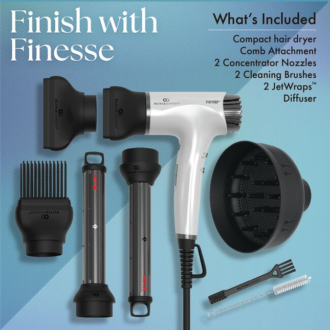 Professional Compact JetHP™ Hair Dryer
Meet your new everyday power dryer—professional performance in a compact, ultra-light design. The JetHP™ delivers fast drying with an advanced brushless motor, intelligent heat control for consistent temperature, and powerful ionic technology to help smooth frizz and lock in moisture.