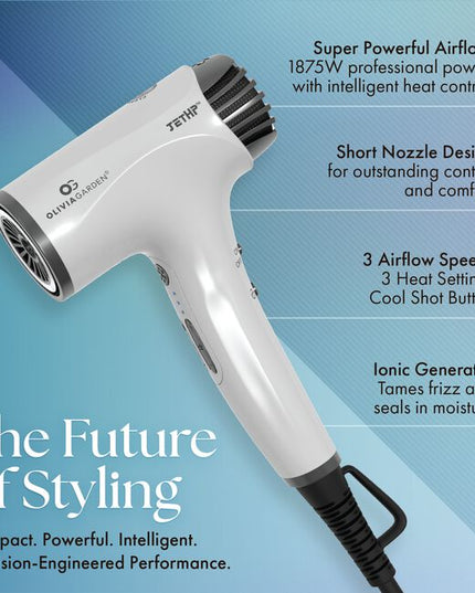 Professional Compact JetHP™ Hair Dryer
Meet your new everyday power dryer—professional performance in a compact, ultra-light design. The JetHP™ delivers fast drying with an advanced brushless motor, intelligent heat control for consistent temperature, and powerful ionic technology to help smooth frizz and lock in moisture.