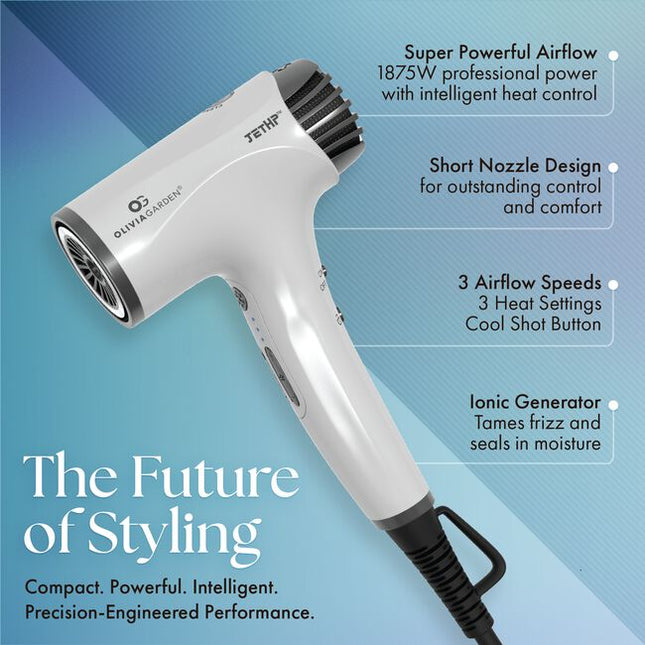 Professional Compact JetHP™ Hair Dryer
Meet your new everyday power dryer—professional performance in a compact, ultra-light design. The JetHP™ delivers fast drying with an advanced brushless motor, intelligent heat control for consistent temperature, and powerful ionic technology to help smooth frizz and lock in moisture.