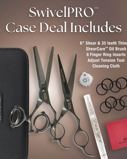 SwivelPro Shear Collection
Black titanium coating with integrated ball bearing tension dial
Special double-pivot ergonomic handle